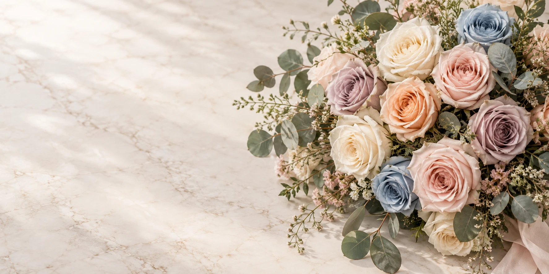 Pastel tinted roses on pale marble